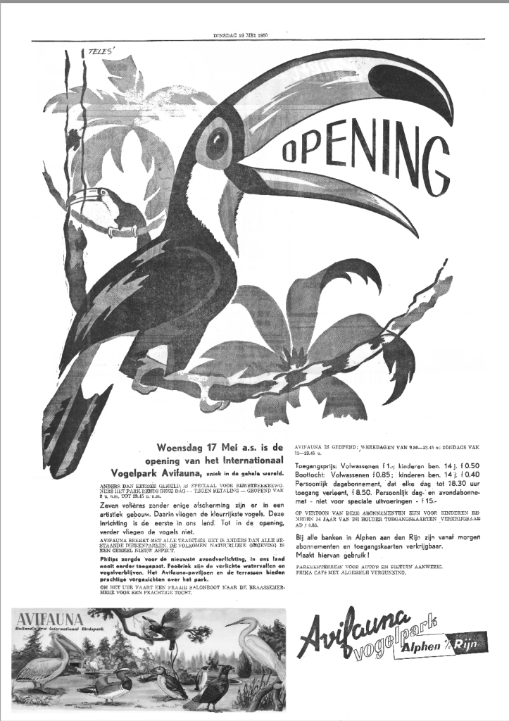 krant bericht uit 1950. Opening van vogelpark Avifauna